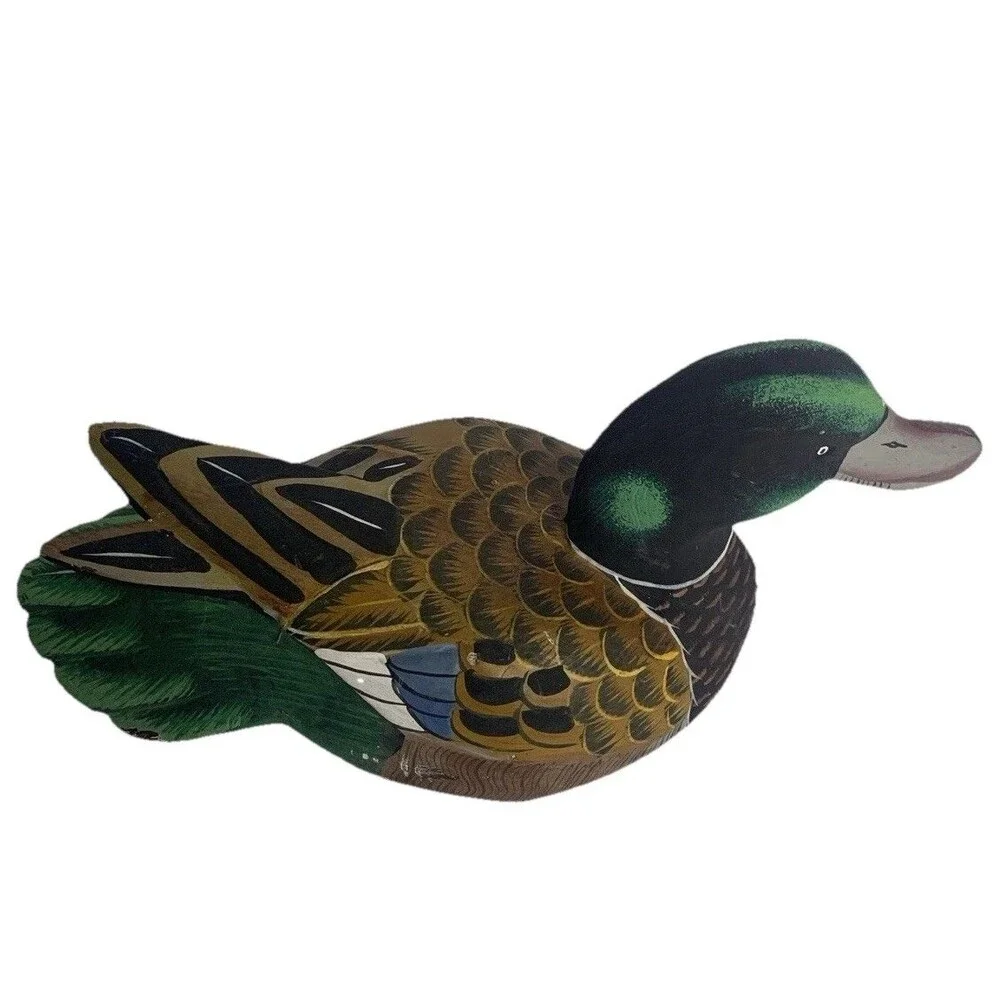 Vtg Hand Painted Wood Duck Decoy, Decorative, 12” Long